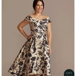 Oleg Cassini Metallic Brocade Off-The-Shoulder High-Low Gown W/ Pockets Size 14